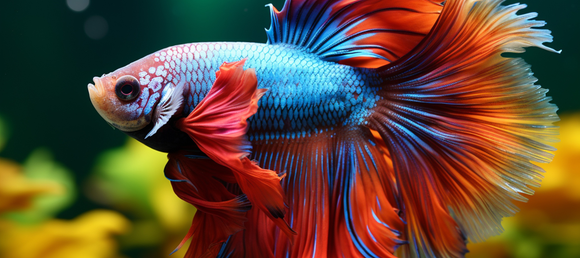 A vibrant betta fish with flowing red, blue, and orange fins swims gracefully against a blurred green and yellow aquatic background.