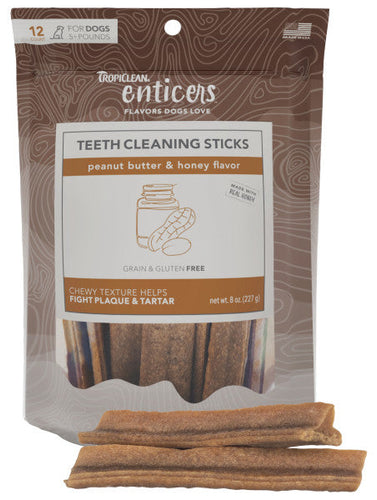 TropiClean Enticers Teeth Cleaning Peanut Butter & Honey Flavor Flavor Sticks for Dogs (12 Ct)