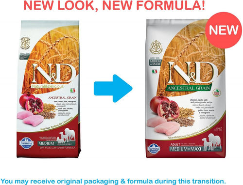 Farmina N&D Natural and Delicious Ancestral Grain Medium & Maxi Chicken & Pomegranate Adult Dry Dog Food